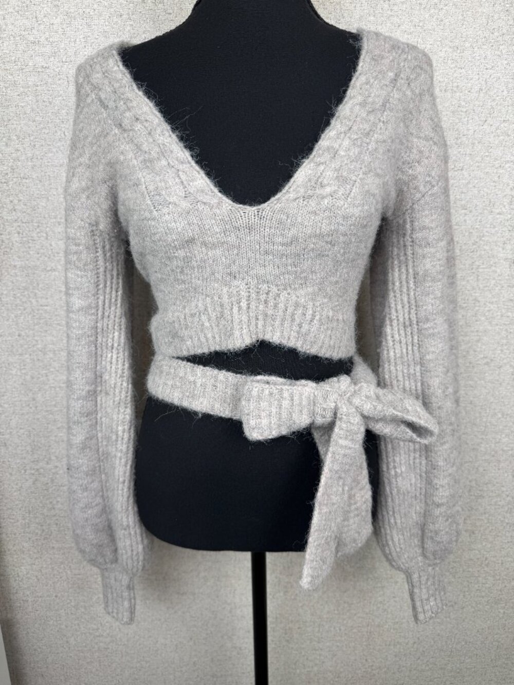 For Love & Lemons Fuzzy Wrap Sweater Crop Top Gray Cutout Tie Waist S
